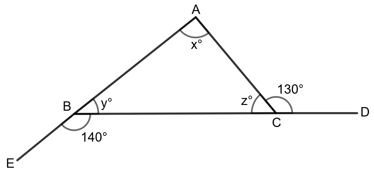 In each of the following figures, one side of a triangle has been produced. Find all the angles of the triangle in each case. Properties of Triangles, Foundation Mathematics R.S. Aggarwal ICSE Class 7.