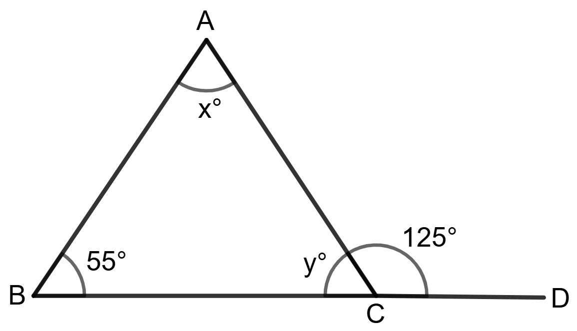 In each of the following figures, one side of a triangle has been produced. Find all the angles of the triangle in each case. Properties of Triangles, Foundation Mathematics R.S. Aggarwal ICSE Class 7.