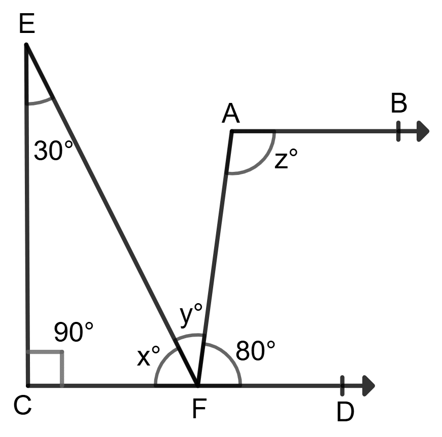 In the given figure, AB || CD. Find the angles x, y and z. Lines and Angles, Foundation Mathematics R.S. Aggarwal ICSE Class 7.