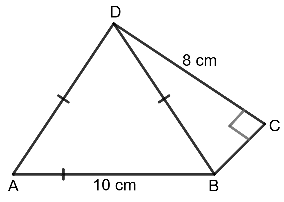 Calculate the area of the quadrilateral ABCD in which AB = BD = AD = 10 cm, ∠BCD = 90° and CD = 8 cm. Mensuration, Foundation Mathematics R.S. Aggarwal ICSE Class 7.