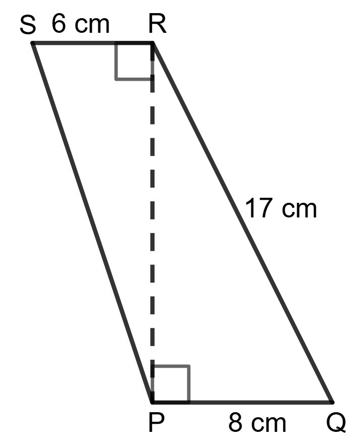 Calculate the area of the quadrilateral PQRS shown in the adjoining figure, it being given that PR = 8 cm, RQ = 17 cm, ∠RPQ = 90°, RS = 6 cm and ∠PRS = 90°. Mensuration, Foundation Mathematics R.S. Aggarwal ICSE Class 7.