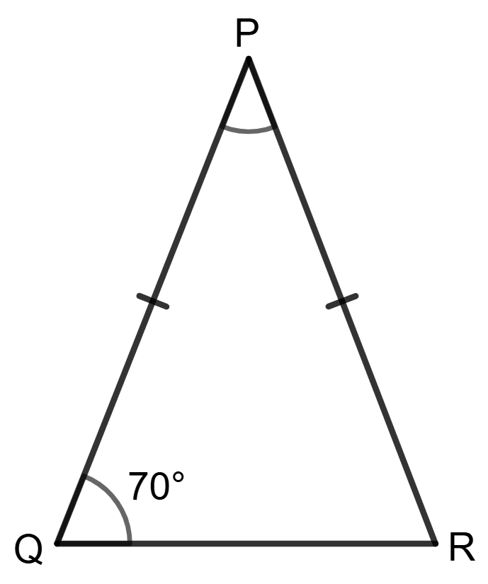 In the given figure, △PQR is an isosceles triangle in which PQ = PR and ∠Q = 70°. Find ∠P. Properties of Triangles, Foundation Mathematics R.S. Aggarwal ICSE Class 7.