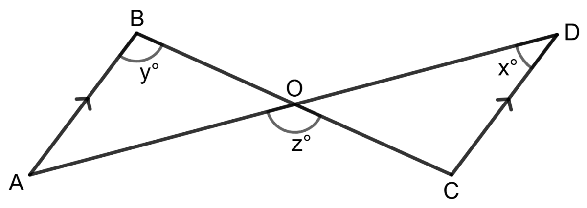 In the given figure, AB || CD. The line segments BC and AD intersect at O. Show that: z = x + y. Properties of Triangles, Foundation Mathematics R.S. Aggarwal ICSE Class 7.