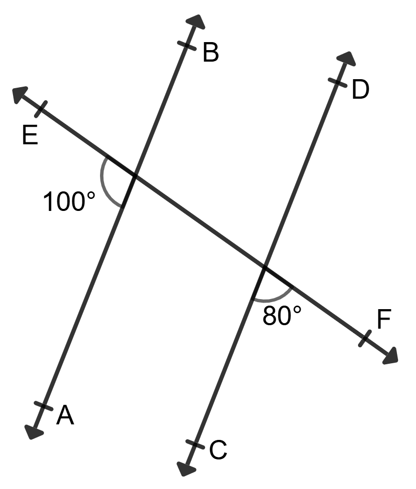 In each of the following figures, two lines AB and CD are cut by a transversal EF. In each case, find whether AB || CD or not. Give reasons in support of your answer. Lines and Angles, Foundation Mathematics R.S. Aggarwal ICSE Class 7.