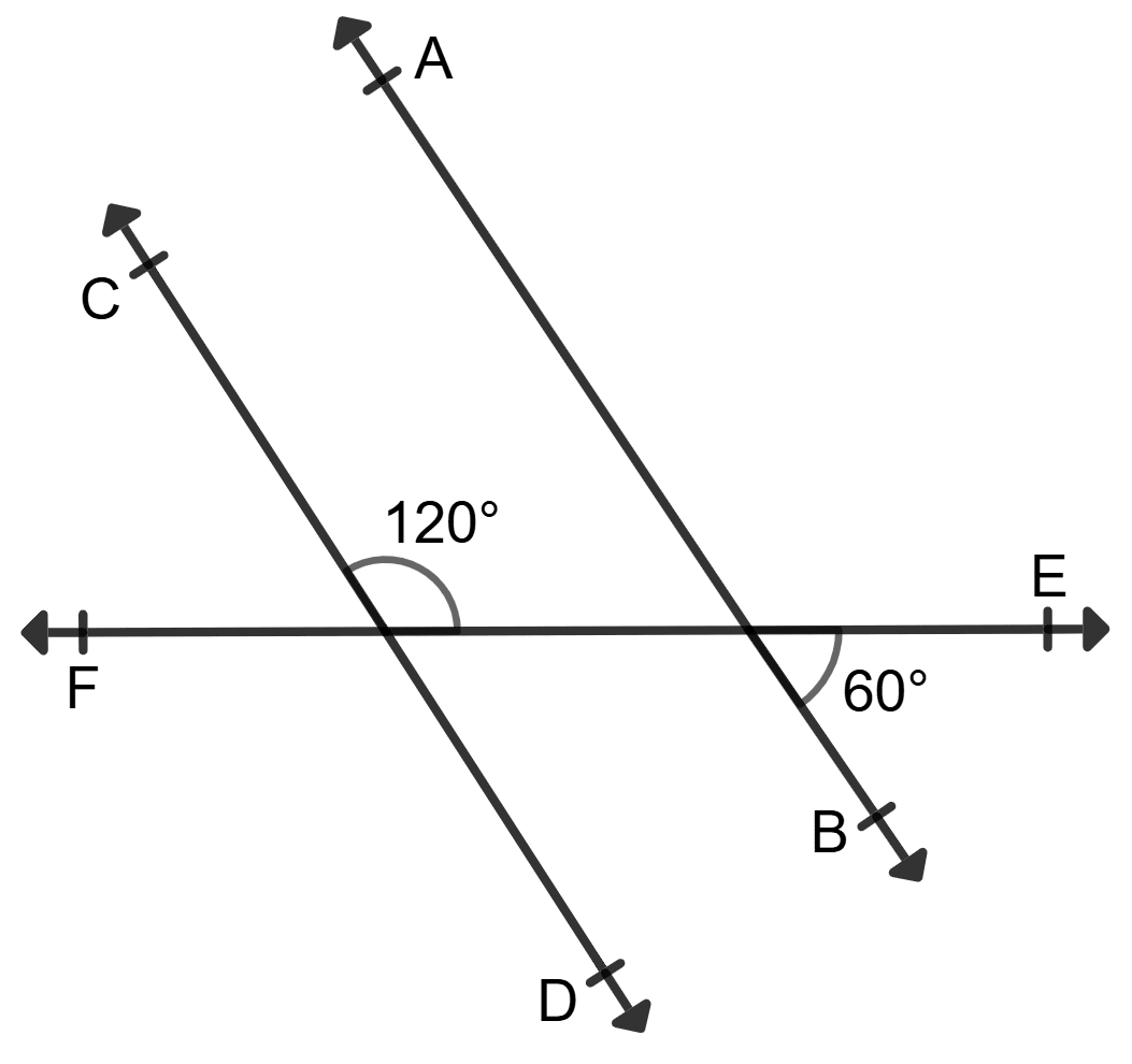 In each of the following figures, two lines AB and CD are cut by a transversal EF. In each case, find whether AB || CD or not. Give reasons in support of your answer. Lines and Angles, Foundation Mathematics R.S. Aggarwal ICSE Class 7.