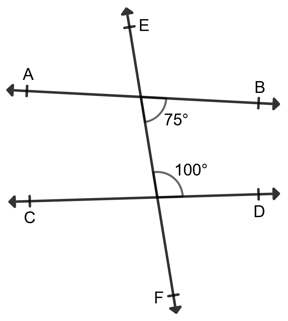In each of the following figures, two lines AB and CD are cut by a transversal EF. In each case, find whether AB || CD or not. Give reasons in support of your answer. Lines and Angles, Foundation Mathematics R.S. Aggarwal ICSE Class 7.