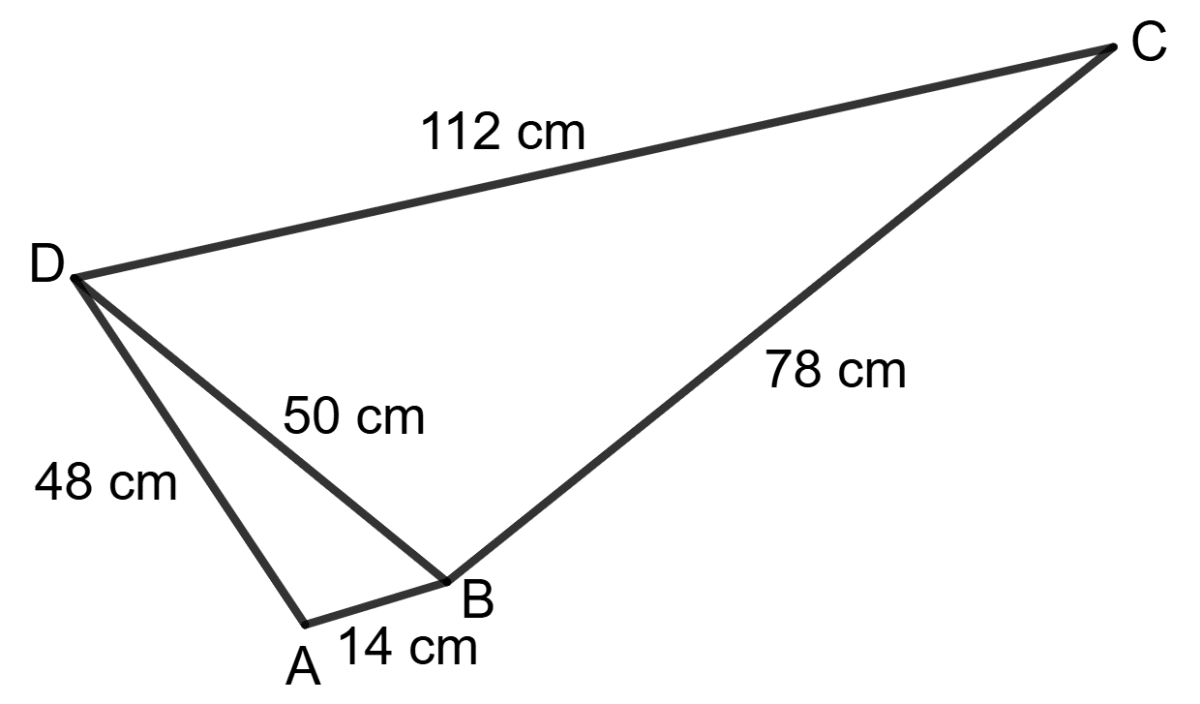 Find the area of the quadrilateral ABCD, given in the adjoining figure in which AB = 14 cm, BC = 78 cm, CD = 112 cm, BD = 50 cm and DA = 48 cm. Mensuration, Foundation Mathematics R.S. Aggarwal ICSE Class 7.