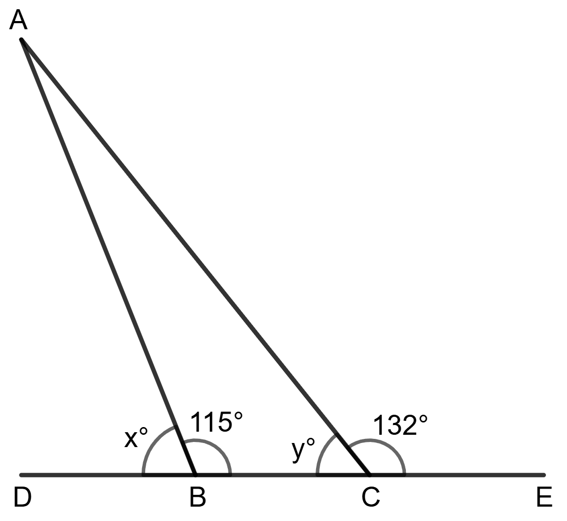 In the given figure BC is produced on both sides to points D and E respectively. Find the values of x and y. Lines and Angles, Foundation Mathematics R.S. Aggarwal ICSE Class 7.