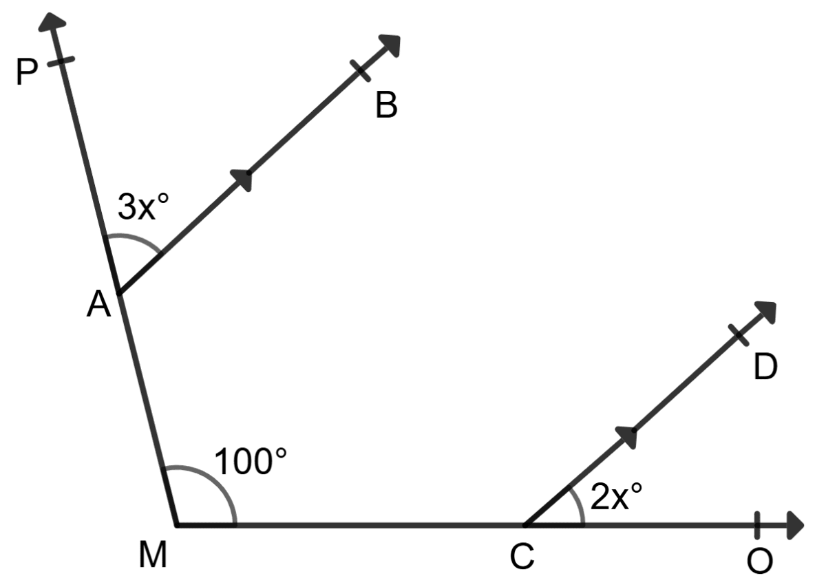 In the given figure, AB || CD. Find the value of x. Lines and Angles, Foundation Mathematics R.S. Aggarwal ICSE Class 7.