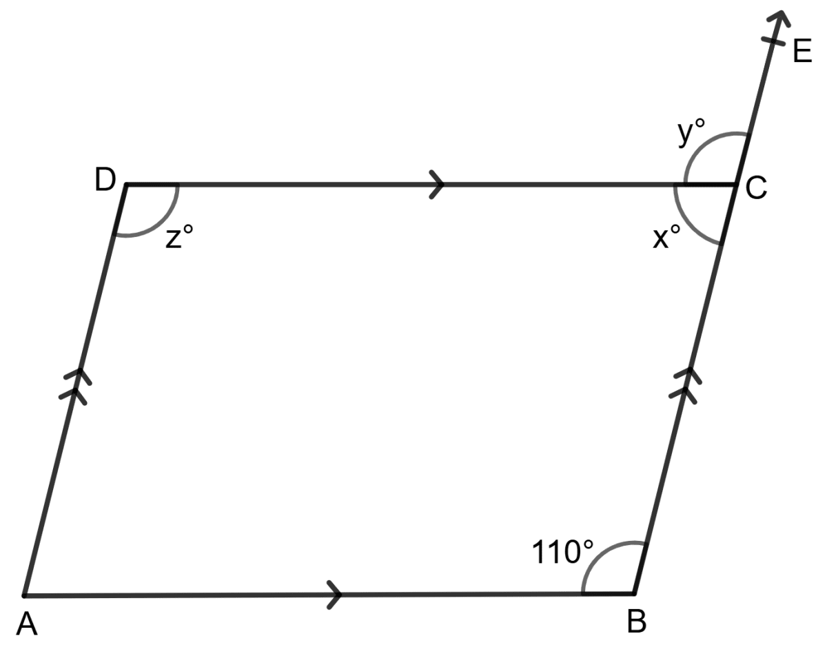 In the given figure, AB || DC and BC || AD. Find the values of x, y and z. Lines and Angles, Foundation Mathematics R.S. Aggarwal ICSE Class 7.