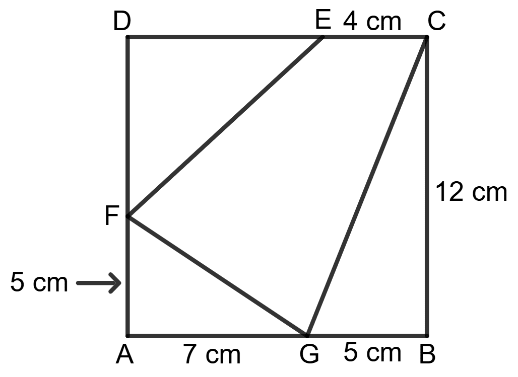 Find the area of the shaded region in the adjoining figure, it being given that ABCD is a square of side 12 cm, CE = 4cm, FA = 5cm and BG = 5 cm. Mensuration, Foundation Mathematics R.S. Aggarwal ICSE Class 7.