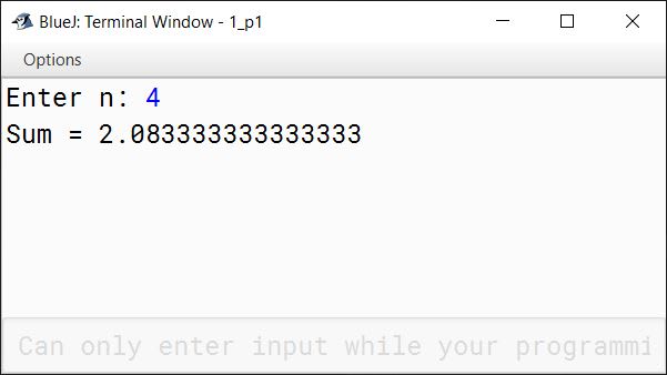 BlueJ output of Write a program in Java to find the sum of the given series: 1 + 3/(1+2+3) + 5/(1+2+3+4+5) + …. to n terms BlueJ output of Write a program in Java to find the sum of the given series: 1 + 3/(1+2+3) + 5/(1+2+3+4+5) + …. to n terms