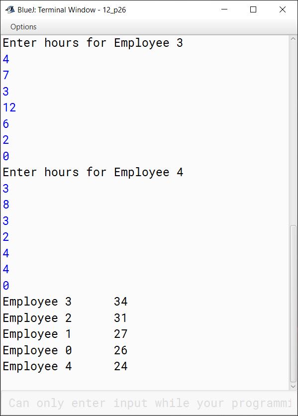 BlueJ output of The weekly hours of all employees of ABC Consulting Ltd. are stored in a two-dimensional array. Each row records an employee's 7-day work hours with seven columns. For example, the following array stores the work hours of five employees. Write a program that displays employees and their total hours in decreasing order of the total hours.