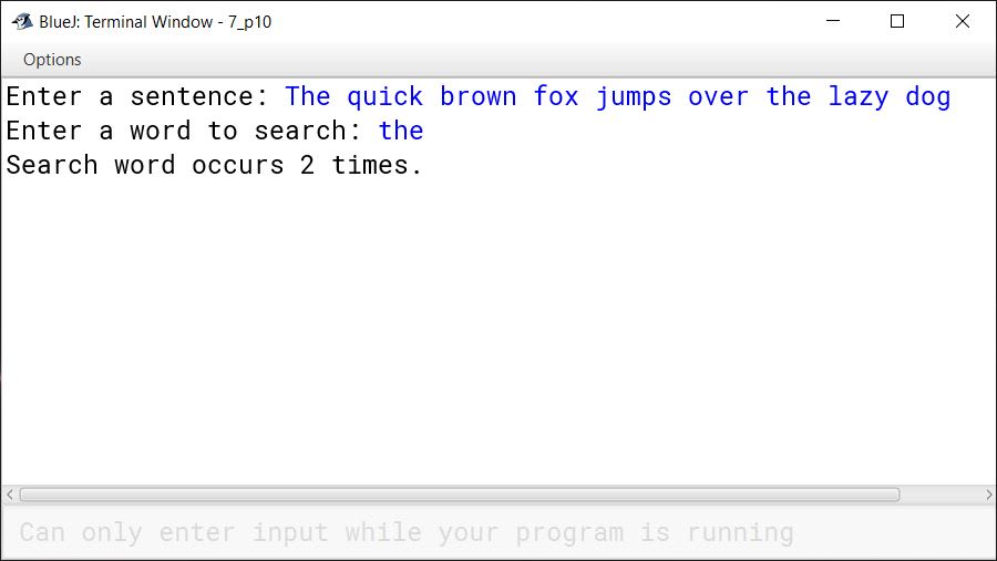 BlueJ output of KboatWordFrequency.java