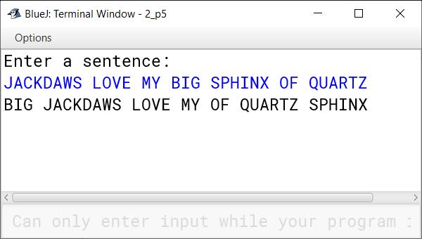 BlueJ output of KboatWordsSort.java