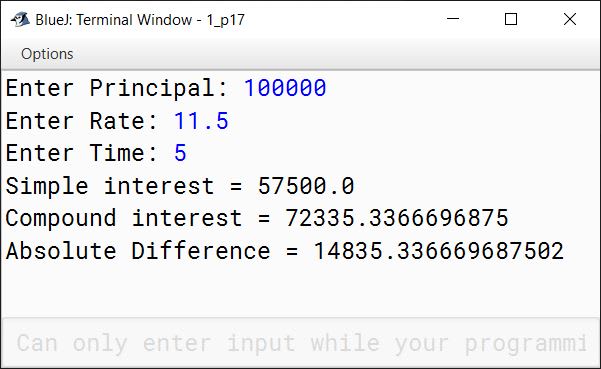 BlueJ output of Write a program in Java that takes input using the Scanner class to calculate the Simple Interest and the Compound Interest with the given values: i. Principle Amount = Rs.1,00,000 ii. Rate = 11.5% iii. Time = 5 years Display the following output: i. Simple interest ii. Compound interest iii. Absolute value of the difference between the simple and compound interest.