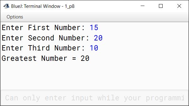 BlueJ output of Write a program in Java to find the maximum of three numbers using Math.max() method.