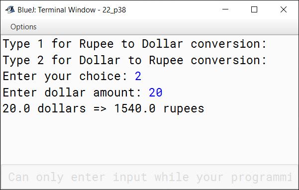 BlueJ output of KboatRupeeDollar.java