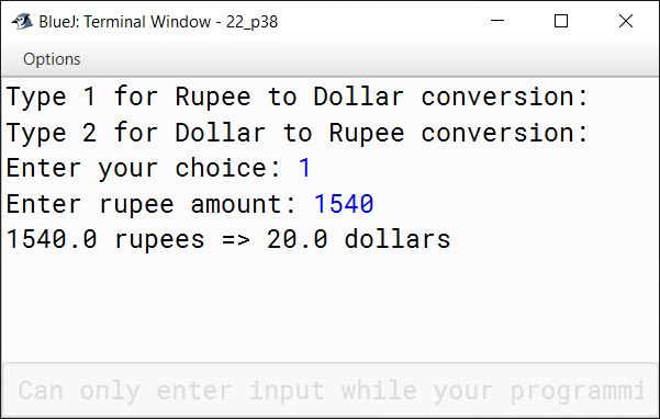 BlueJ output of KboatRupeeDollar.java