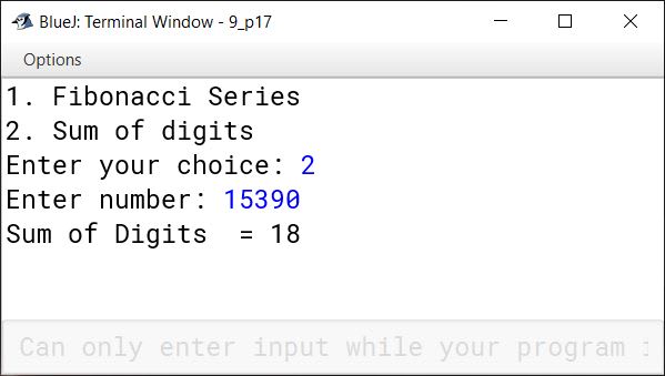 BlueJ output of KboatFibonacciNDigitSum.java