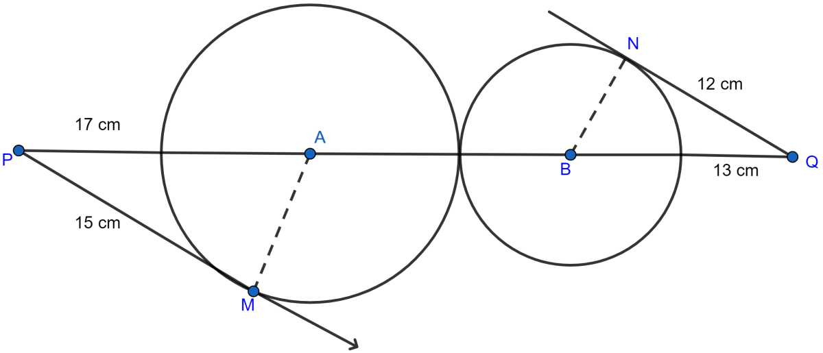 In the figure given below, two circles with centres A and B touch externally. PM is a tangent to the circle with centre A and QN is a tangent to the circle with centre B. If PM = 15 cm, QN = 12 cm, PA = 17 cm and QB = 13 cm, then find the distance between the centres A and B of the circles. Circles, ML Aggarwal Understanding Mathematics Solutions ICSE Class 10.