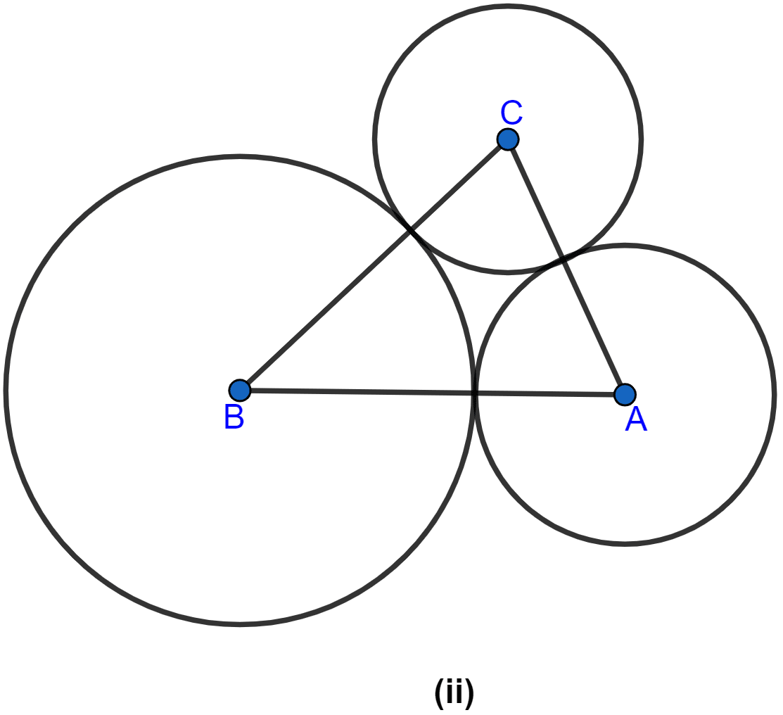 In the figure (ii) given below, ABC is a triangle with AB = 10 cm, BC = 8 cm and AC = 6 cm (not drawn to scale). Three circles are drawn touching each other with vertices A, B and C as their centres. Find the radii of the three circles. Circles, ML Aggarwal Understanding Mathematics Solutions ICSE Class 10.