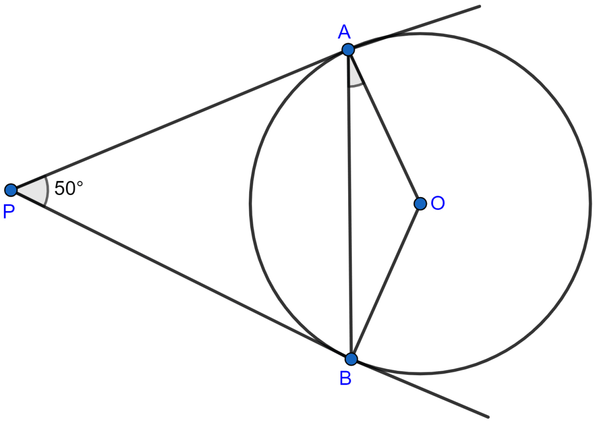 In the adjoining figure, PA and PB are tangents to a circle with centre O. If ∠APB = 50°, then ∠OAB is equal to (a) 25° (b) 30° (c) 40° (d) 50°. Circles, ML Aggarwal Understanding Mathematics Solutions ICSE Class 10.