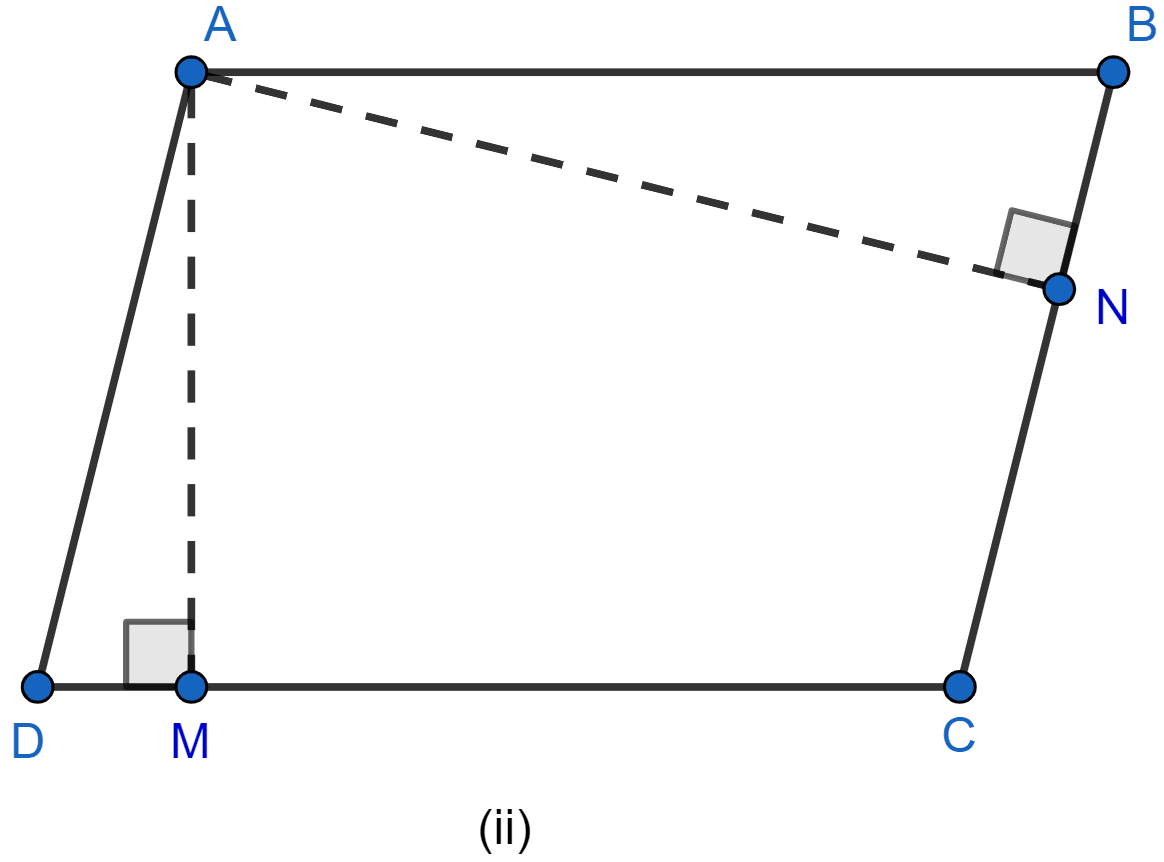 In the figure (ii) given below, ABCD is a parallelogram. AM ⊥ DC and AN ⊥ CB. If AM = 6 cm, AN = 10 cm and the area of parallelogram ABCD is 45 cm2, find AB, BC, area of △ADM : area of △ANB. Similarity, ML Aggarwal Understanding Mathematics Solutions ICSE Class 10.