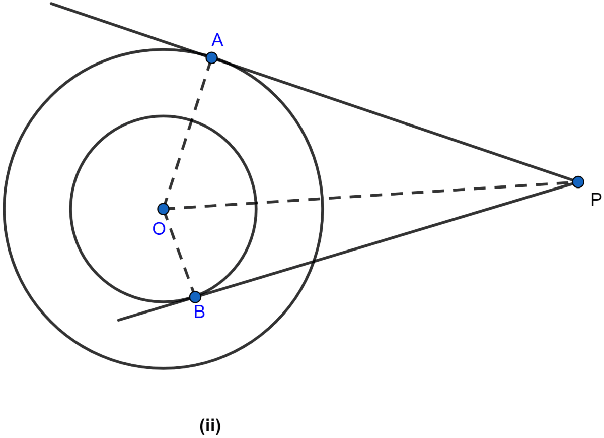 In the figure (ii) given below, two concentric circles with centre O are of radii 5 cm and 3 cm. From an external point P, tangents PA and PB are drawn to these circles. If AP = 12 cm, find BP. Circles, ML Aggarwal Understanding Mathematics Solutions ICSE Class 10.