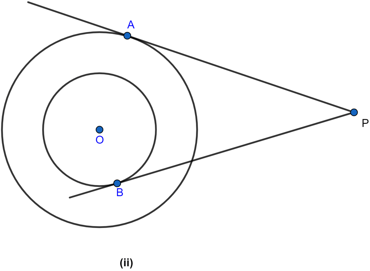 In the figure (ii) given below, two concentric circles with centre O are of radii 5 cm and 3 cm. From an external point P, tangents PA and PB are drawn to these circles. If AP = 12 cm, find BP. Circles, ML Aggarwal Understanding Mathematics Solutions ICSE Class 10.