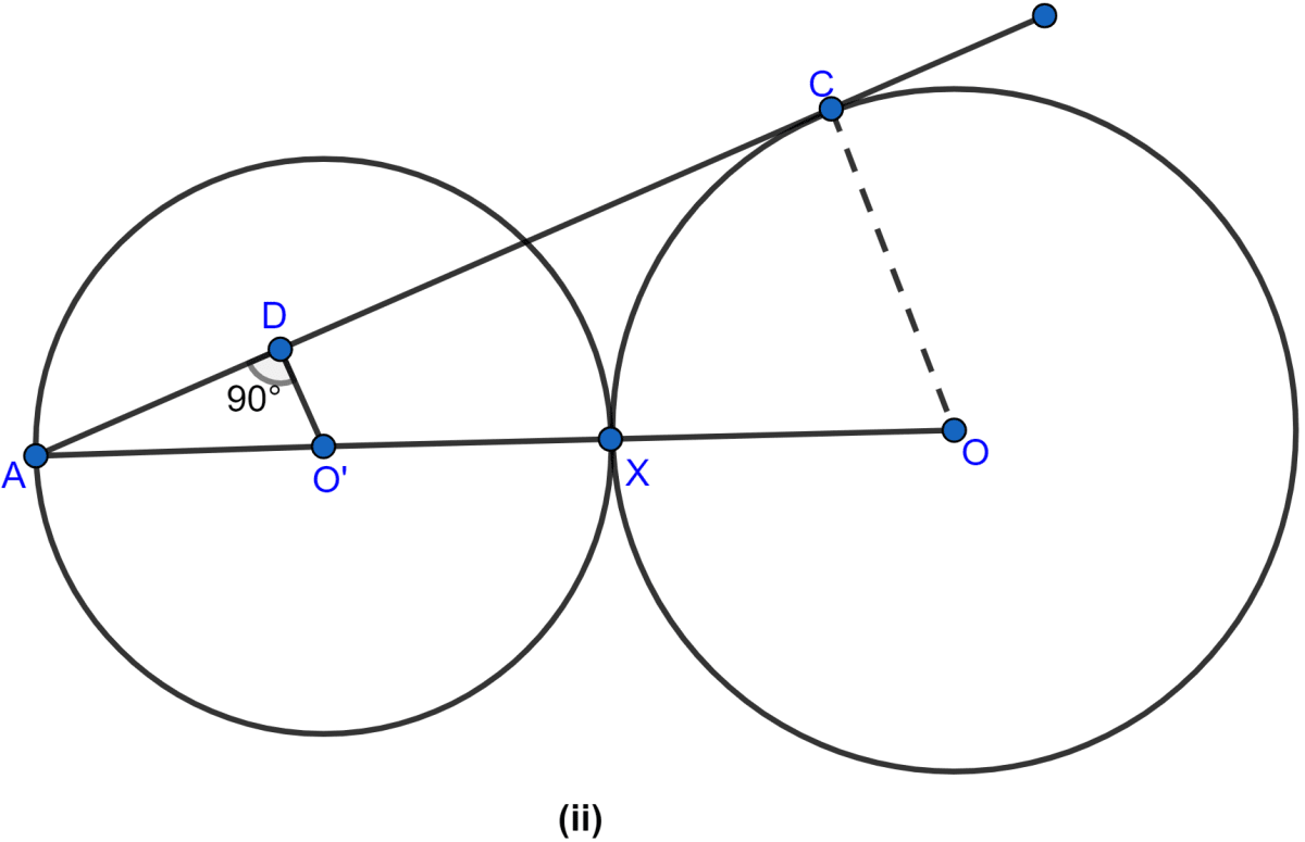 In the figure (ii) given below, equal circles with centres O and O' touch each other at X. OO' is produced to meet a circle O' at A. AC is tangent to the circle whose centre is O. O'D is perpendicular to AC. Find the value of (i) AO'/AO (ii) area of △ADO'/ area of △ACO. Circles, ML Aggarwal Understanding Mathematics Solutions ICSE Class 10.