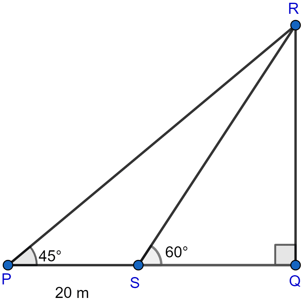 A man observes the angle of elevation of the top of a tower to be 45°. He walks towards it in a horizontal line through its base. On covering 20 m, the angle of elevation changes to be 60°. Find the height of the tower correct to 2 significant figures. Heights and Distances, ML Aggarwal Understanding Mathematics Solutions ICSE Class 10.