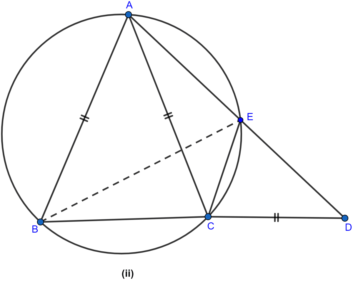 In the figure (ii) given below, AB = AC = CD, ∠ADC = 38°. Calculate ∠ABC, ∠BEC. Circles, ML Aggarwal Understanding Mathematics Solutions ICSE Class 10.