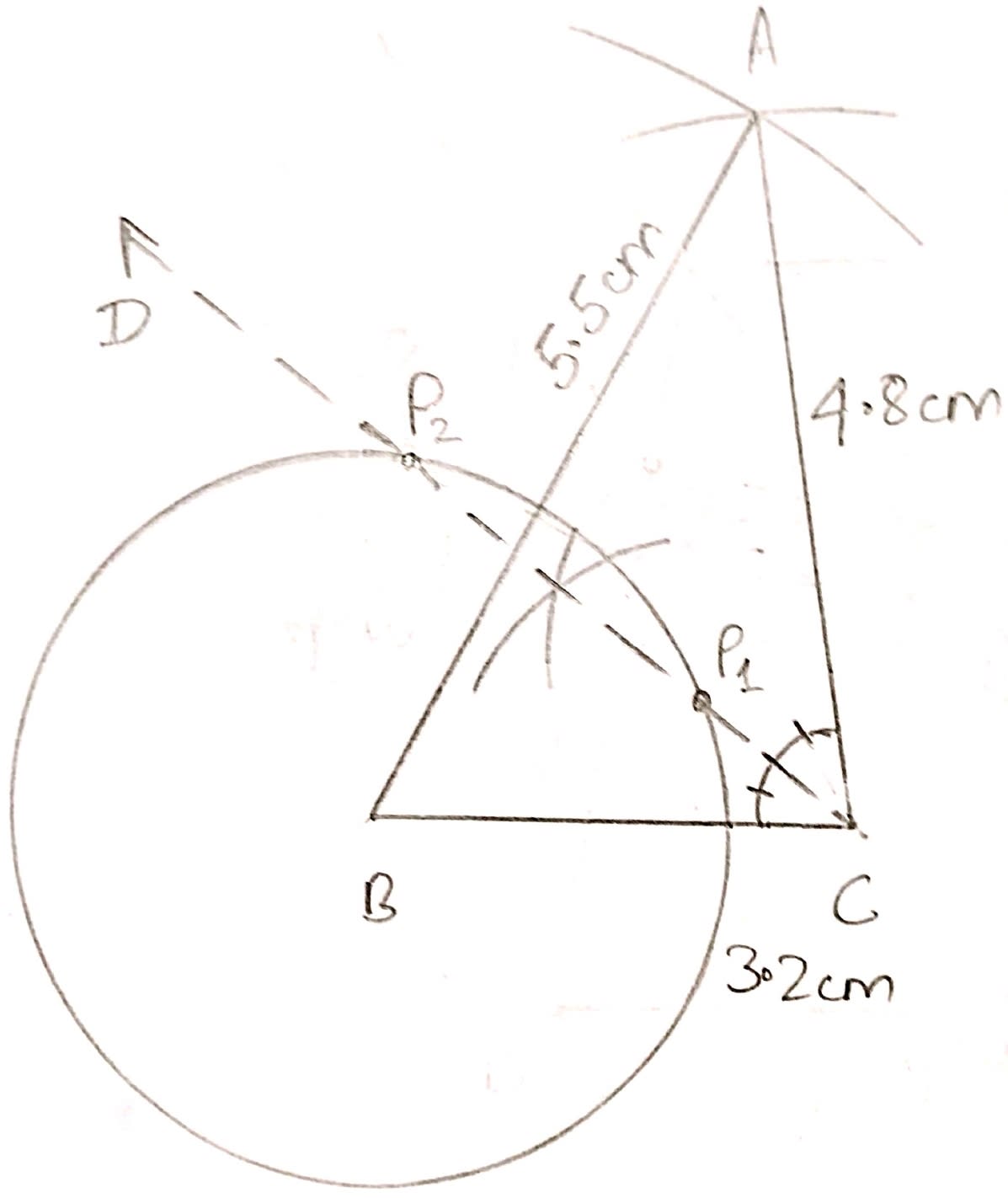 Without using set square or protractor construct Triangle ABC, in which AB = 5.5 cm, BC = 3.2 cm and CA = 4.8 cm. Draw the locus of a point which moves so that it is always 2.5 cm from B. Draw the locus of a point which moves so that it is equidistant from the sides BC and CA. Mark the point of intersection of the loci with the letter P and measure PC. Locus, ML Aggarwal Understanding Mathematics Solutions ICSE Class 10.