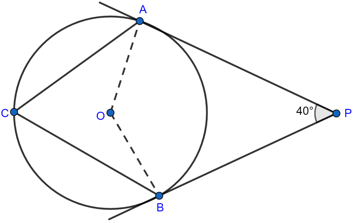 In the adjoining figure, PA and PB are tangents at points A and B respectively to a circle with centre O. If C is a point on the circle and ∠APB = 40°, then ∠ACB is equal to (a) 80° (b) 70° (c) 90° (d) 140°. Circles, ML Aggarwal Understanding Mathematics Solutions ICSE Class 10.