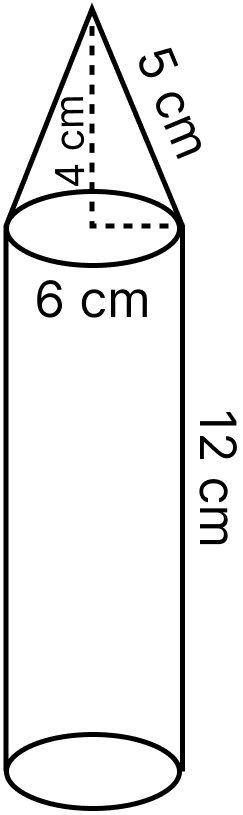 A rocket is in the form of a right circular cylinder closed at the lower end and surmounted by a cone with the same radius as that of the cylinder. The diameter and the height of the cylinder are 6 cm and 12 cm respectively. If the slant height of the conical portion is 5 cm, find the total surface area and the volume of the rocket. Mensuration, ML Aggarwal Understanding Mathematics Solutions ICSE Class 10.