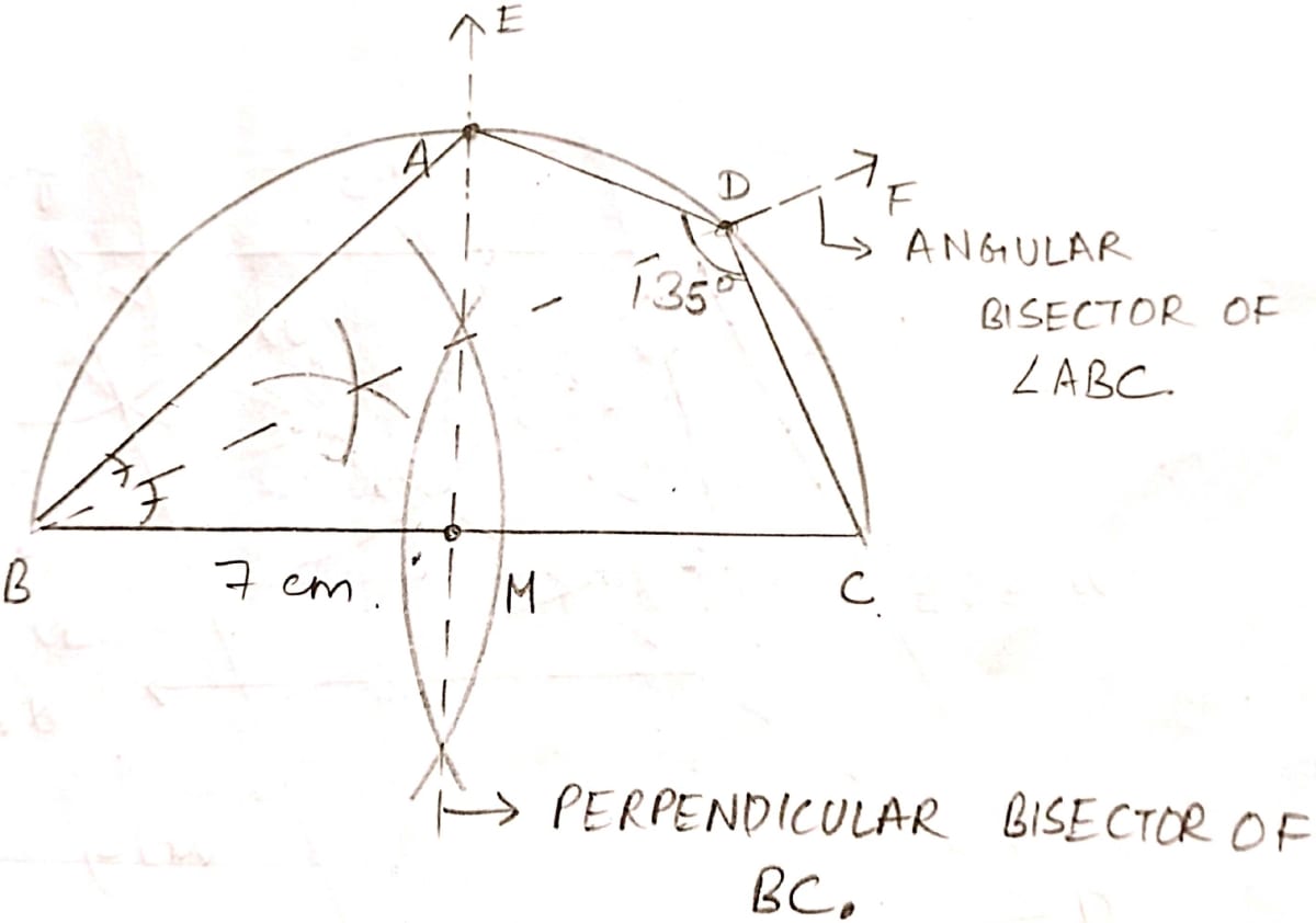 Using ruler and compass only, construct a semicircle with diameter BC = 7 cm. Locate a point P on the circumference of the semicircle such that A is equidistant from B and C. Completely the cyclic quadrilateral ABCD such that D is equidistant from AB and BC. Measure ∠ADC and write it down. Locus, ML Aggarwal Understanding Mathematics Solutions ICSE Class 10.