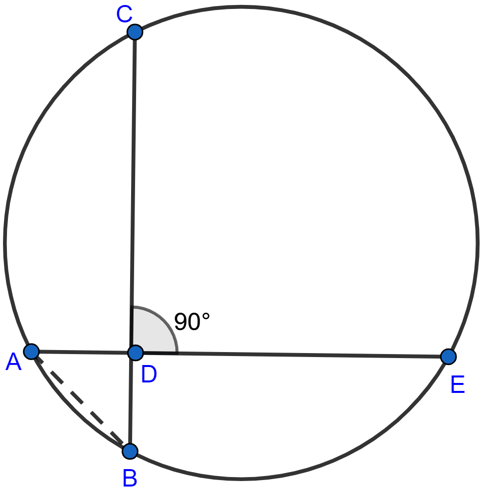 In the adjoining figure, AE and BC intersect each other at point D. If ∠CDE = 90°, AB = 5 cm, BD = 4 cm and CD = 9 cm, find DE. Circles, ML Aggarwal Understanding Mathematics Solutions ICSE Class 10.