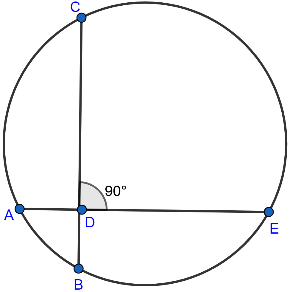 In the adjoining figure, AE and BC intersect each other at point D. If ∠CDE = 90°, AB = 5 cm, BD = 4 cm and CD = 9 cm, find DE. Circles, ML Aggarwal Understanding Mathematics Solutions ICSE Class 10.