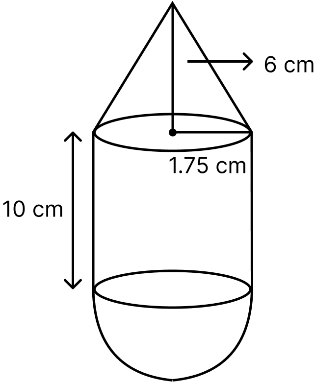 A solid is in the form of a right circular cylinder with a hemisphere at one end and a cone at the other end. Their common diameter is 3.5 cm and the height of the cylindrical and conical portions are 10 cm and 6 cm respectively. Find the volume of the solid. Mensuration, ML Aggarwal Understanding Mathematics Solutions ICSE Class 10.