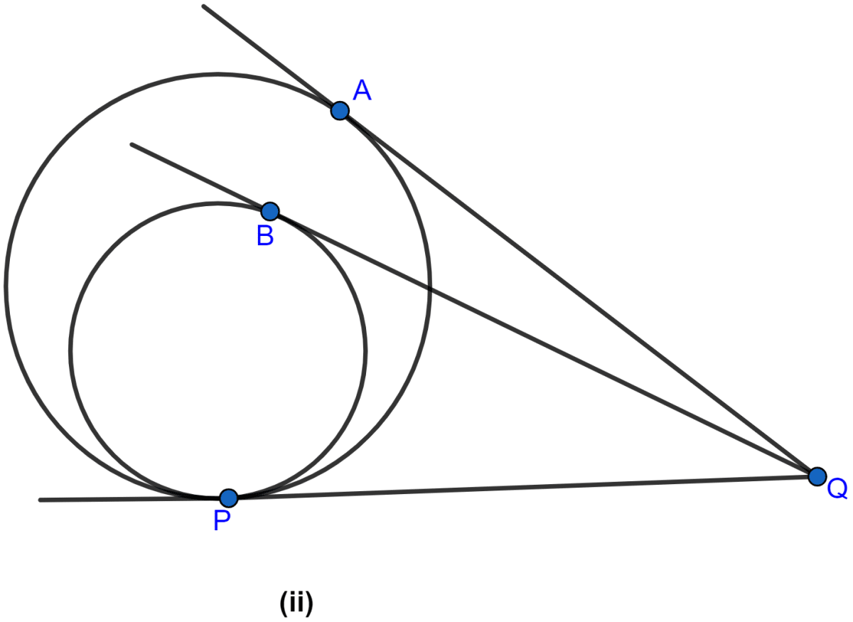 In the figure (ii) given below, two circles touch internally at P from an external point Q on the common tangent at P, two tangents QA and QB are drawn to the two circles. Prove that QA = QB. Circles, ML Aggarwal Understanding Mathematics Solutions ICSE Class 10.