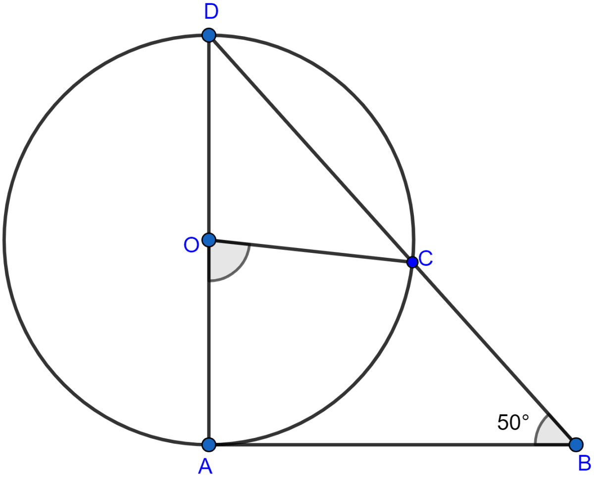 In the given figure, AD is a diameter of a circle with centre O and AB is tangent at A. C is a point on the circle such that DC produced intersects the tangent at B. If ∠ABC = 50°, find ∠AOC. Circles, ML Aggarwal Understanding Mathematics Solutions ICSE Class 10.