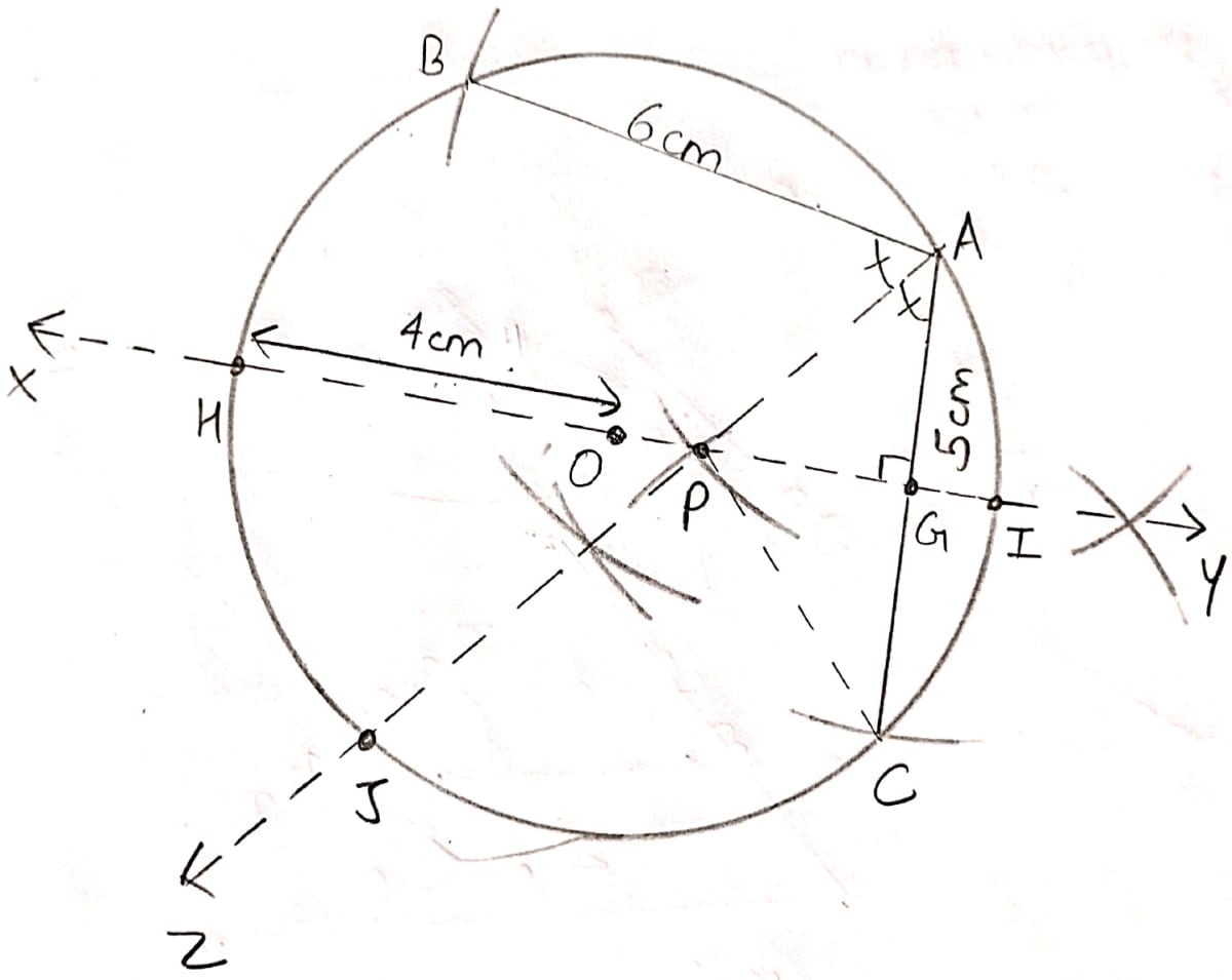 Use ruler and compasses only for this question. Draw a circle of radius 4 cm and mark two chords AB and AC of the circle of length 6 cm and 5 cm respectively. Construct the locus of points, inside the circle, that are equidistant from A and C. Prove your construction. Construct the locus of points, inside the circle, that are equidistant from AB and AC. Locus, ML Aggarwal Understanding Mathematics Solutions ICSE Class 10.