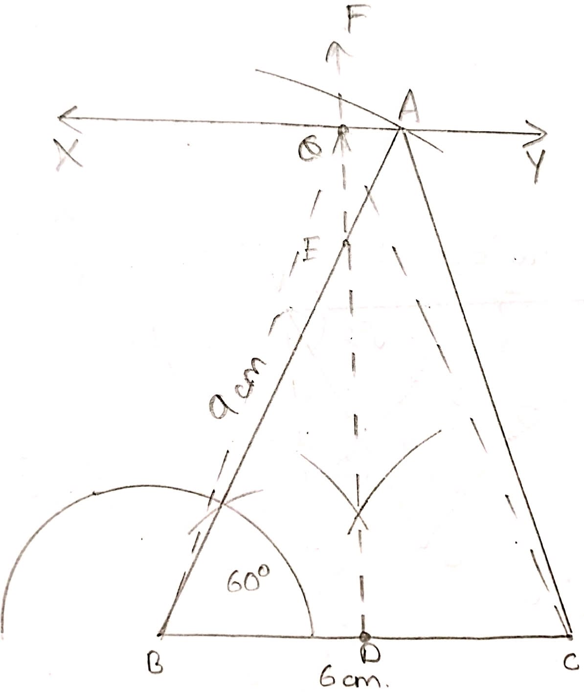 Construct a triangle ABC, in which BC = 6 cm, AB = 9 cm, and ∠ABC = 60°. Construct the locus of all points, inside △ABC, which are equidistant from B and C. Construct the locus of the vertices of the triangles with BC as base, which are equal in area to △ABC. Mark the point Q, in your construction, which would make △QBC equal in area to △ABC, and isosceles. Measure and record the length of CQ. Locus, ML Aggarwal Understanding Mathematics Solutions ICSE Class 10.