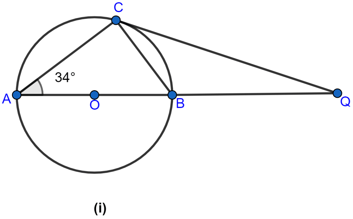 In the figure (i) given below, AB is a diameter. The tangent at C meets AB produced at Q, ∠CAB = 34°. Find (i) ∠CBA (ii) ∠CQA. Circles, ML Aggarwal Understanding Mathematics Solutions ICSE Class 10.