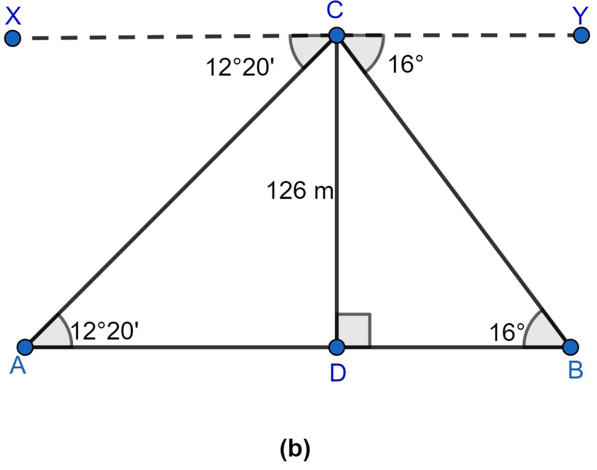 From a tower 126 m high, the angles of depression of two rocks which are in a horizontal line through the base of the tower are 16° and 12° 20'. Find the distance between the rocks if they are on (i) the same side of the tower (ii) the opposite sides of the tower. Heights and Distances, ML Aggarwal Understanding Mathematics Solutions ICSE Class 10.