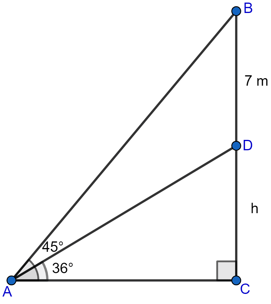 A 7 m long flagstaff is fixed on the top of a tower. From a point on the ground, the angles of elevation of the top and bottom of the flagstaff are 45° and 36° respectively. Find the height of the tower correct to one place of decimal. Heights and Distances, ML Aggarwal Understanding Mathematics Solutions ICSE Class 10.