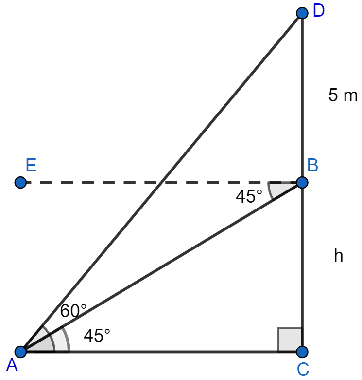 A pole of height 5 m is fixed on the top of a tower. The angle of elevation of the top of pole as observed from a point A on the ground is 60° and the angle of depression of the point A from the top of the tower is 45°. Find the height of the tower. Heights and Distances, ML Aggarwal Understanding Mathematics Solutions ICSE Class 10.