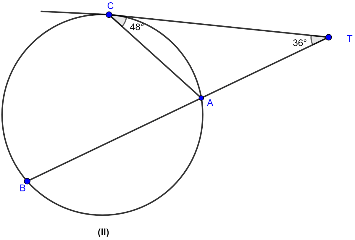 In the figure (ii) given below, A, B and C are three points on a circle. The tangent at C meets BA produced at T. Given that ∠ATC = 36° and ∠ACT = 48°, calculate the angle subtended by AB at the centre of the circle. Circles, ML Aggarwal Understanding Mathematics Solutions ICSE Class 10.