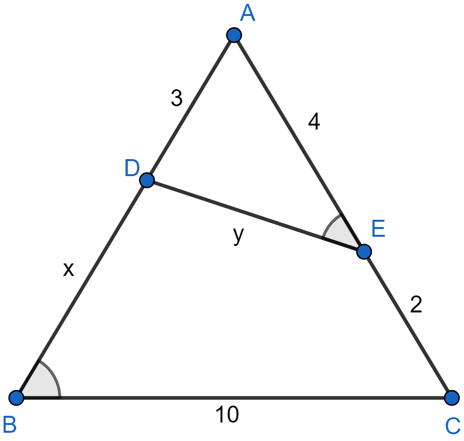 In the figure (1) given below, ∠AED = ∠ABC. Find the values of x and y. Similarity, ML Aggarwal Understanding Mathematics Solutions ICSE Class 10.